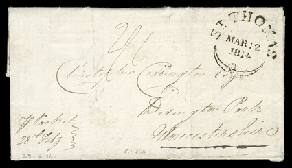 [Antigua to Great Britain] 1814 Codrington correspondence letter datelined Antigua 28th Feb 1814 to Gloucesterchire, England, ST. THOMAS MAR 12 1814 large fleuron handstamp
with 4 of year date inverted, four page letter, a fine example o