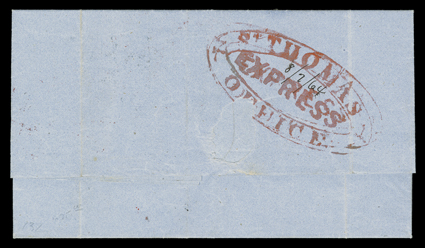 St. THOMASEXPRESSOFFICE, large red double oval handstamp with 8764 manuscript date on 5 July 1864 Lanman & Kemp correspondence folded letter with integral address leaf to New
York, entered the mails with partial New York Ship5 Cts. postm