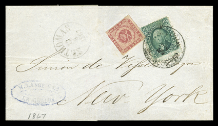 [Danish West Indies + United States] 1867 Mixed country franking on folded cover to New York with D.W.I. 1866 3c Rose (2) overlapping a United States 10c Green (68), both tied
by a N. York SteamshipJun 25 c.d.s., St. Thomas 13 6 1867 p