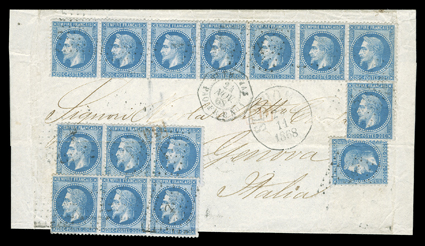 French Postal Agency in St. Thomas to Italy, seventeen examples of the 1867 20c Blue (33), comprised of a strip of seven, two strips of three and four singles, one strip
overlaps the bottom of the cover and two singles are on the reverse, two st