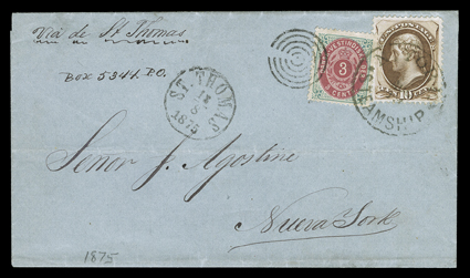 [Danish West Indies + United States] 1875 Mixed country franking on folded cover to New York with D.W.I. 1874 3c Blue and carmine (6) overlapping a United States 10c Brown
(161) both tied by N. York SteamshipAug 19 c.d.s. and target canc