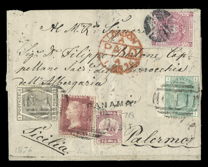 [Ecuador + Great Britain Mixed Franking] 1876 cover from Guayaquil, Ecuador to Pelermo, Italy with Ecuador 1872 1P Rose (11) tied by quartered cork postmark, Great Britain
1870 ½p Rose (58, plate 5), 1864 1p Red (33, plate 180), 1873 6p Gray (