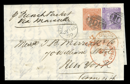 [British Post Office in Alexandria, Egypt] Great Britain 1865 4p Vermilion (43, plate 11) and 1869 6p Red violet (45, plate 8) tied by B01 postmarks with matching AlexandriaJy
1970 postmark alongside on folded letter to New York, red Lond