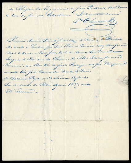 Chouteau, Pierre, Important autograph letter signed by Chouteau in French, written in New York, September 20, 1842, to Kenneth McKenzie in St. Louis. In reference to McKenzies
difficulties:I would rather have tried to make even a bad arrangem
