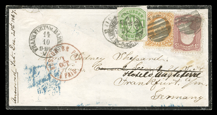 [United States + Prussia Mixed Franking] Shepard correspondence 1867 mourning cover to Frankfurt, Prussia with United States 3c Rose (65) and 30c Orange (71) tied by grid
cancels, with matching Buffalo, N.Y. postmark, red Boston. Br Pkt. 7 Pai