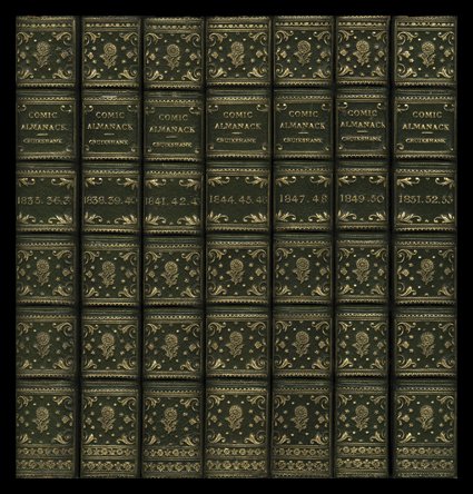Comic Almanack. George Cruikshank. London, Charles Tilt, 1835-53. Twelve volumes in seven. 12mo, modern green leather with gilt edges and spines, banded. Library pocket on
second endpaper of volume I. An exquisite condition collection of the full