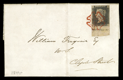 Great Britain - Penny Black imprint single on folded letter, bottom margin single from Plate 7 with partial imprint, lettered T-D, other three margins large and balanced, tied
by crisp red Maltese Cross on folded letter, SepX 9 N1840 postma