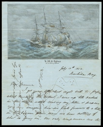 [Crimean War], Highly unusual lot of autograph letters, some with covers, by English sailors involved in the war, 18 of them written by Willy Robert Kennedy, a young
midshipman aboard the HMS Rodney, a ship of the line, 1852. After stopping