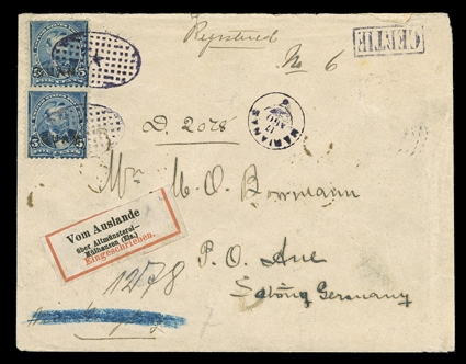 [Marianas Islands, via Guam, to Germany] Early registered cover with two singles of Guam 5c Blue overprint (5) tied by oval of dots, matching Marianas17 Aug c.d.s., German
registry label with ms. Registered No. 6 D2028, boxed Cerif, on re