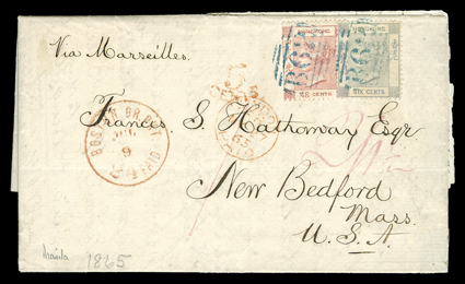 Hong Kong to New Bedford, Mass., 1865 cover with 6c Lilac (12) and 48c Rose carmine (21) tied by blue B62 in oval grids, blue Hong KongAp 165 c.d.s. on reverse, ms. via
Marseilles red London PaidMy 2765 transit, red Boston Br. Pkt.
