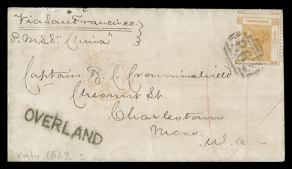 [Hong Kong] OVERLAND, bold straightline senders handstamp on cover to Charleston, Mass. originating with Hong Kong 1865 8c Orange buff (13) tied by B62 in barred oval, red
Hong Kong, Paid AllJy 1?, 69 datestamp and endorsed Via San Franci