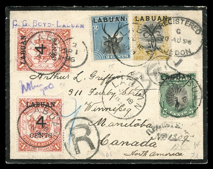 [Labuan - 1896 Registered mourning cover to Winnipeg, Canada] franked with 1894 2c, 3c and 5c Pictorials (50-52) as well as two 4c on $1.00 Red (58), all tied by LabuanJY
181896 c.d.s. postmarks, 3c additionally tied by oval London registry