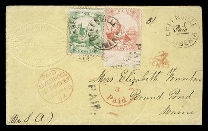 [Liberia to United States] 1865 First Issue cover to Maine, yellow cover with bottom sheet-margin part imprint single of 1860 6c Red and 24c Green (Scott 1, 3) tied to each
other and to cover to Round Pond, Maine by four strikes of Greenville,