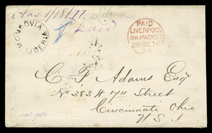 [Liberia to United States] 1876 stampless cover to Cincinnati during the philatelic period with clear Monrovia, Liberia postmark and violet manuscript 7d paid, carried by
British packet to England arriving with red PaidLiverpoolBr. Packet
