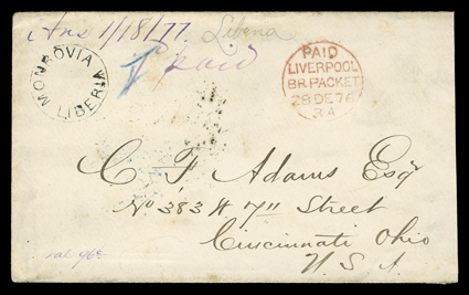 [Liberia to United States] 1876 stampless cover to Cincinnati during the philatelic period with clear Monrovia, Liberia postmark and violet manuscript 7d paid, carried by
British packet to England arriving with red PaidLiverpoolBr. Packet