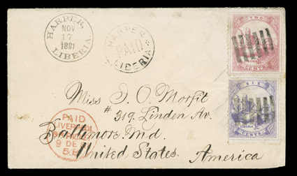 [Liberia to United States] 1881 Fourth Issue cover to Baltimore with 1880 2c Rose and 6c Violet (Scott 17-18, latter corner crease) cancelled by six-bar grid, clear Harper,
LiberiaNov 17, 1881 datestamp and Harper, LiberiaPaid handstamp, c