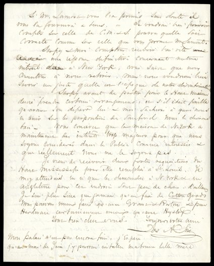 [Pierre Chouteau Jr. & Co., Joseph Sire]  Autograph letter in French from Sire, Chouteaus agent in St. Louis, May 8, 1852, to Pierre Chouteau in New York. He encloses returns
(not present) from his agents in the field, whom he thinks will contin