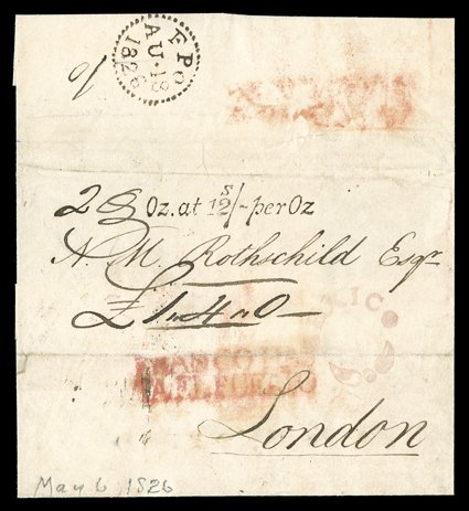 [Mexico to London], folded entire docketed Mexico City, May 6, 1826, red Franco HasTa El Puerto handstamp (slightly smeared), carried by ship to Jamaica where it received
Kingston Jamaica.Ju 241826 backstamp and red fleuron Mexico handsta