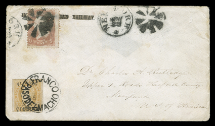 [Mexico + United States] conjunctive use, cover to Upper Cross Roads, Maryland franked by Mexico 1866 25c Buff (28, crease) with Cordova District, 1866 year date and 45
consignment number overprints, clear to mostly large margins, tied by