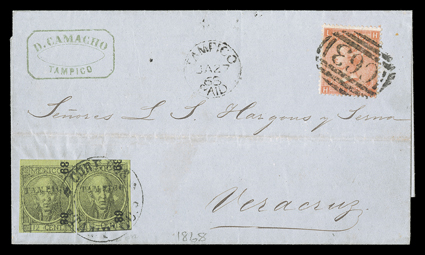 [Mexico + Great Britain Mixed Franking] folded cover to Vera Cruz with two Mexico 1868 12c Black on green (47) tied by Tampico datestamp, Great Britain 1865 4p Vermilion (43,
plate 10) tied by C63 cancel of the British postal agency in Tampic