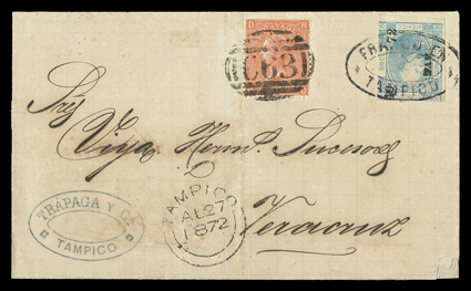 [Mexico + Great Britain Mixed Franking] with Mexico 1872 12c Blue (94?) tied by oval Franco En Tampico cancel, Great Britain 1865 4p Vermilion (43, plate 12) tied by C63
cancel of the British postal agency in Tampico on light brown folded c