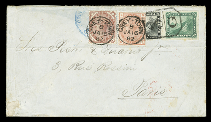 [Nicaragua + Great Britain Mixed Franking] with Nicaragua 1869 5c Black (5) and 1879 25c Green rouletted (12) tied by boxed 3G cancel on 1882 cover to Paris, used in
conjunction with Great Britain 1880 1½p Red brown (80) and 1881 1- Salmon