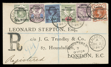 Niger Coast Protectorate, 1892 12 d to 1- on one cover, the complete set of six values (Scott 1-6) tied by five strikes of Old Calabar RiverFe 2, 94 datestamps to registered
preprinted address cover to London, oval Liverpool registry transi