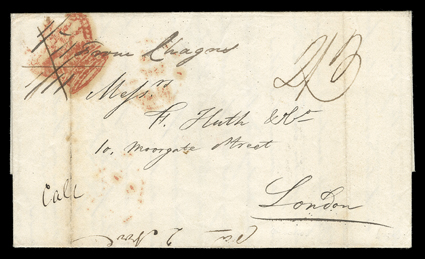 Panama to London, folded letter datelined Panama Aug 7, 1840, with red crown handstamp at top left, sent through Jamaica where it received a Kingston Jamaica Sp11840
backstamp, at that point the ms. 1 (shilling) as crossed out and re-rated