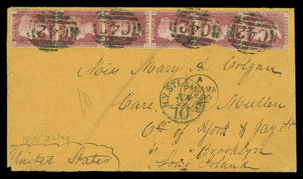 [British Post Office in Islay, Peru] Great Britain 1864 1p Red strip of six (33, plate 93) tied by C42 agency postmarks on 1870 cover to New York, Islay c.d.s. on reverse, A
PanamaMy 29 70 c.d.s. transit and N.Y. Steamship 10Jun 29 pmk.,