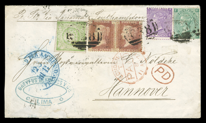 [Peru + Great Britain Mixed Franking] Great Britain 1864 3c Red pair (33, plate 88), 1869 6p Red violet (51, plate 8) and 1865 1- Green (48, plate 4), tied by C38 postmarks
along with Peru 1868 1d Green (14) which is also tied by one of th