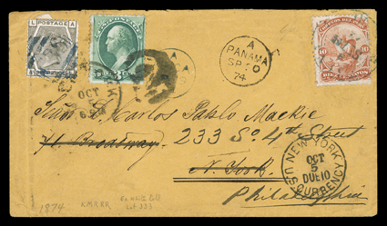 [Peru + United States + Great Britain three country franking]  forwarded cover with Peru 1866 10c Vermilion (17) tied by light blue postmark, Great Britain 1873 6p Gray (62,
plate 13) tied by blue C36 British postal agency in Arica postmark o