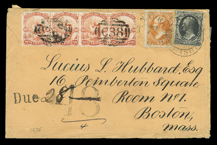 [Peru + United States Mixed Franking] 1875 cover with Peru strip of four of 1866 10c Red (17) tied by C38 in grids (from the British postal agency in Callao) on orange cover
to Boston, United States 15c Orange and 30c (163, 165) tied by 
