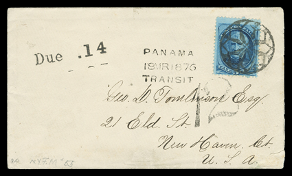 [Peru to New York] with blue Callao Booksellers handstamp on reverse of 1876 cover to New Haven, Conn., with Panama18Mr1876Transit transit postmark, Due .14 and 12 handstamps,
on arrival at New York a 5c Blue (179) tied by fancy geometr