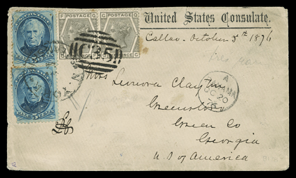 [From Peru, United States + Great Britain Mixed Franking] United States Consulate imprint cover, manuscript Callao Oct 5 1876 endorsement, with pair of Great Britain 1873 6p
Gray (62, plate 14) tied by C35 British postal agency in Panama p