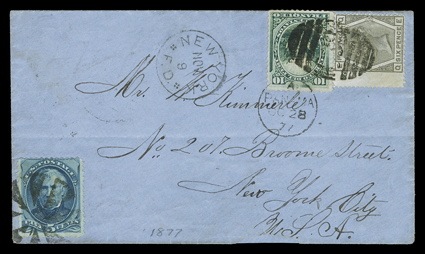 [United States + Peru + Great Britain Three Country Mixed Franking] Cover to the United States with Peru 1876 10c Green (25) and Great Britain 1873 6p Gray (62, plate 15) tied
by C38 British postal agency postmark of Callao on 1877 cover to N