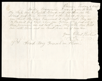 [Pitcairn Islands - Early Letters] 1843 letters from Captain Gilbert Richmond while at the Pitcairn Islands, two letters, one datelined Pitcairn Friday 2 1843 (March) from the
captain of the barque America ordering the first mate to take a