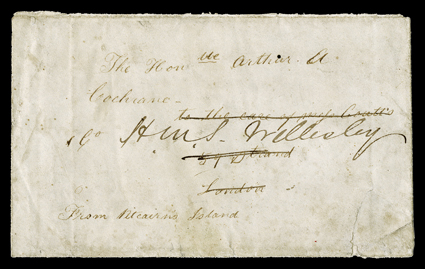 [Pitcairn Islands - 1849 letter] cover and letter from Jemima Young, cover addressed to The Honble Arthur A. Cochraneto the care of mgr Courtts59 StrandLondon and re-addressed
Co. HMS Wellesley and ms. From Pitcairn Island, Jemima Young,