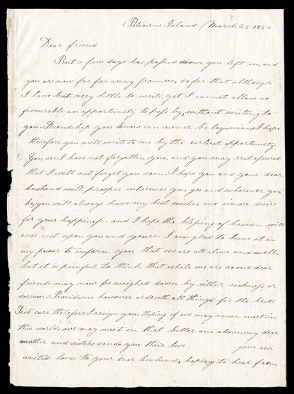 [Pitcairn Islands - 18501856 Letters] to Celia Parnell, 1850-1856, includes two three-page letters from Caroline Adams, one dated April 20th, 1850 and the other April 9th,
1856 (which was only three weeks before the islanders left Pitcairn to se