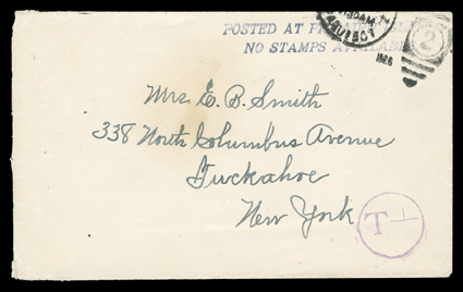 POSTED AT PITCAIRN ISLANDNO STAMPS AVAILABLE. black two-line cachet (S.G. C8), crisp strike on cover to New York, carried by the S.S. Rotorua to New Zealand and then via Canal
Zone, with a partial strike of the Paquetboat duplex at top righ