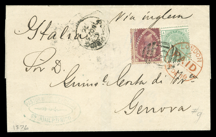 [British Post Office in San Juan, Puerto Rico] Great Britain 1870 1½p Dull rose (32, plate 3) and 1873 1- Pale green (64, plate 12) tied by C61 postmark of the British postal
agency in San Juan on folded cover to Genoa, Italy, Porto RicoNo