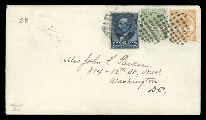 [Samoa + United States] 1888 Mixed country franking cover bearing Samoa 1p Yellow green and 2p Brown orange along with United States 5c Indigo (216), all tied by grid of
square dots cancels on cover to Washington, D.C., red San Francisco Pa