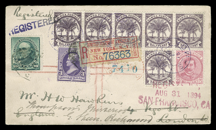 [Samoa + United States] 1894 Registered cover with mixed country franking, Samoa strip of five and single of the ½p Palm Tree, plus a single of the 2½p King Laupepa tied by
Apia SamoaAug 15 c.d.s. cancels, United States 3c Purple (221) and