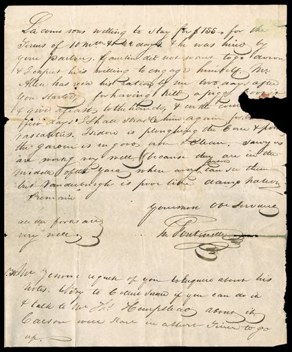 Fontenelle, Lucien, Early, good content autograph letter signed from Fort Lisa, Missouri Territory (present-day North Omaha, Nebraska), June 30, 1820. He writes Joshua Pilcher,
president of the Missouri Fur Company, in St. Louis, telling him that