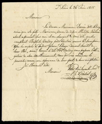 Gratiot, Charles Sr., Interesting Autograph Letter Signed Chl. Gratiot, 23 page, 4to, St. Louis, June 26, 1815. He writes to Francis Roy at Portage des Sioux, Louisiana
Territory (now Missouri), about Marianne Dorion Liberge and her daughter M