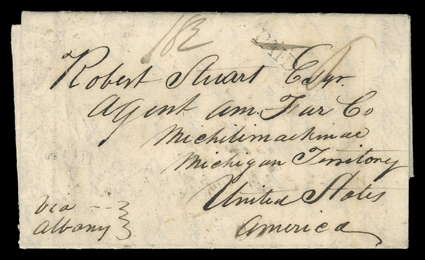 Matthews, William W., folded Autograph Letter Signed with integral address leaf datelined at Montreal 12th April 1823 to Robert Stuart, Michilimackmac, Michigan Territory with
handstamped Paid and manuscript 6(d) rate and Via Albany direc