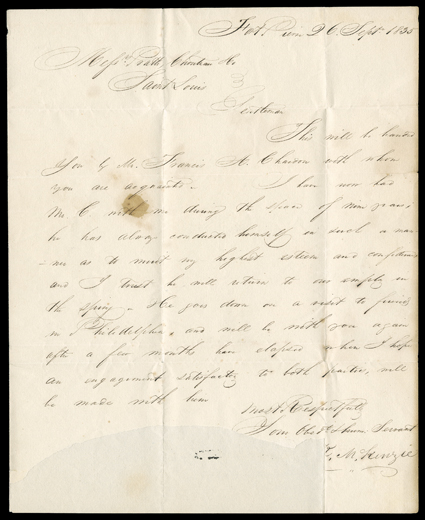 McKenzie, Kenneth, Autograph letter from the King of the Missouri signed K. McKenzie, 1 page, 4to, Fort Pierre (now Pierre, South Dakota), September 26, 1835. He writes Pratte,
Chouteau, & Co. a letter of introduction for Francis A. Chardon,