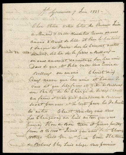 Menard, Pierre, Autograph letter signed, in French, St. Genevieve, June 7, 1821. The famed fur trader writes to Peter Lorimier about changing their plans in relation to
business in Bellvue and with their colleague Felix Valle. Would benefit from