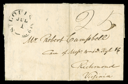 OFallon, John, An autograph letter signed by OFallon in St. Louis, written to Campbell in care of Wm. & D. Kyle in Richmond, Virginia. Campbell has just arrived from a trip to
Ireland and has asked about Jedediah Smith:Messrs. Smith Jackson