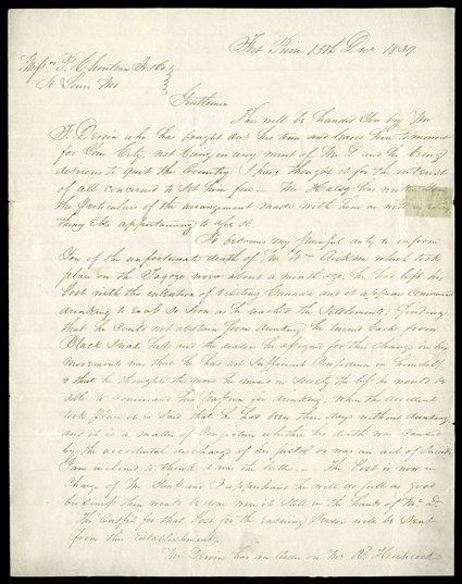 [News of Beckwourth, Bridger, and an alcoholic suicide] Outstanding content letter to Pierre Chouteau Jr & Co. in St. Louis from Honore Picotte at Fort Pierre, Iowa Territory
(now South Dakota), December 15, 1839. It becomes my painful duty to