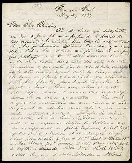 [Pratte, Chouteau & Co, Bernard Pratte] Choice autograph letter signed by Bernard Pratte, in French, from Equ qui Court (or Running Water, now Niobrara, Nebraska), to Pratte
and Chouteau, May 29, 1837. He sends the letter with independent trade